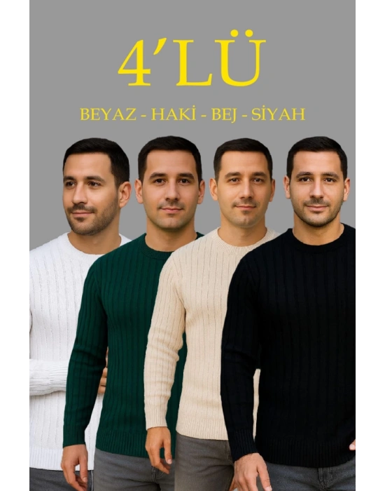 Erkek Fitilli Triko Kazak 4’lü Set – Beyaz, Haki, Bej, Siyah  Kalın Dokuma Pamuklu Regular Fit Bisiklet Yaka Uzun Kollu Kışlık Ve Baharlık Rahat Triko Kombini