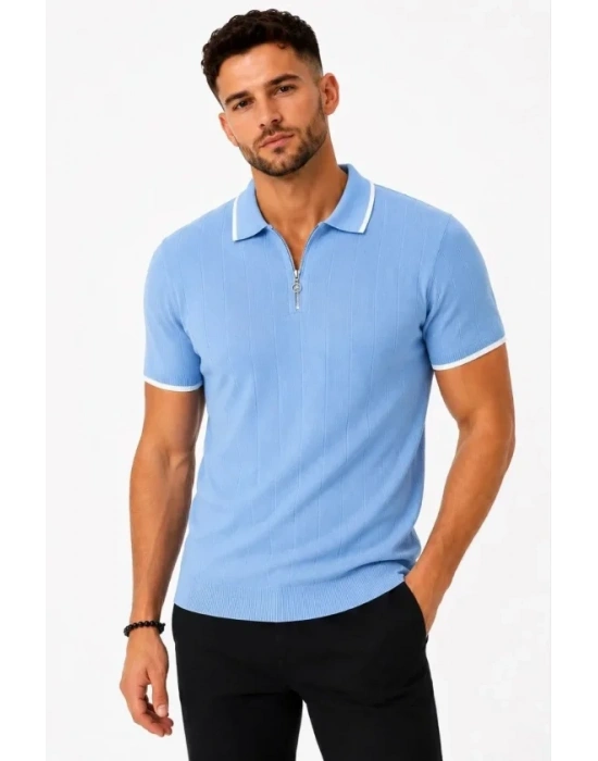 Erkek Fitilli Triko Tshirt Polo Yaka Yarım Fermuarlı Kısa Kollu Tişört  Açık avi