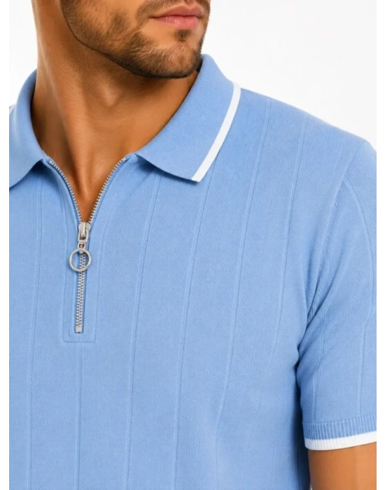 Erkek Fitilli Triko Tshirt Polo Yaka Yarım Fermuarlı Kısa Kollu Tişört  Açık avi