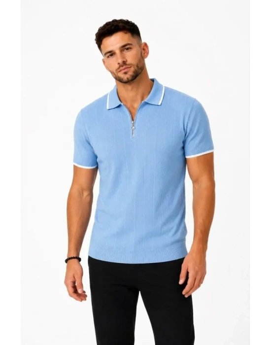 Erkek Fitilli Triko Tshirt Polo Yaka Yarım Fermuarlı Kısa Kollu Tişört  Açık avi