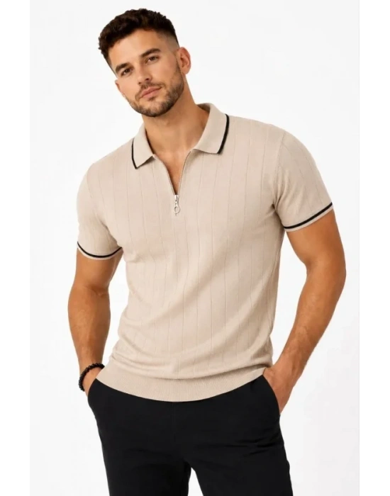 Erkek Fitilli Triko Tshirt Polo Yaka Yarım Fermuarlı Kısa Kollu Tişört  Bej
