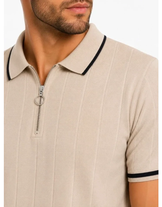 Erkek Fitilli Triko Tshirt Polo Yaka Yarım Fermuarlı Kısa Kollu Tişört  Bej