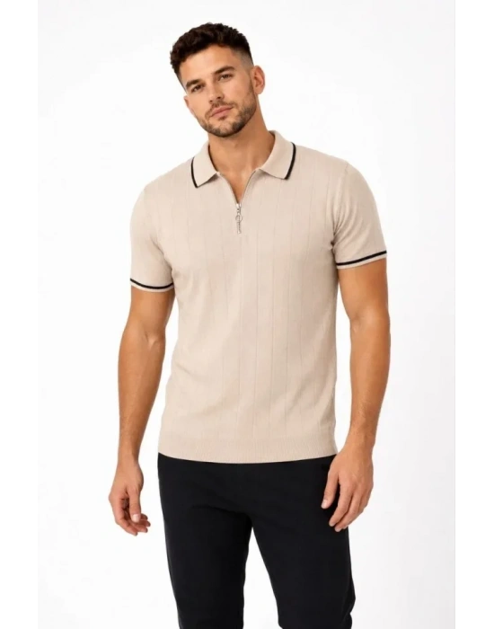 Erkek Fitilli Triko Tshirt Polo Yaka Yarım Fermuarlı Kısa Kollu Tişört  Bej