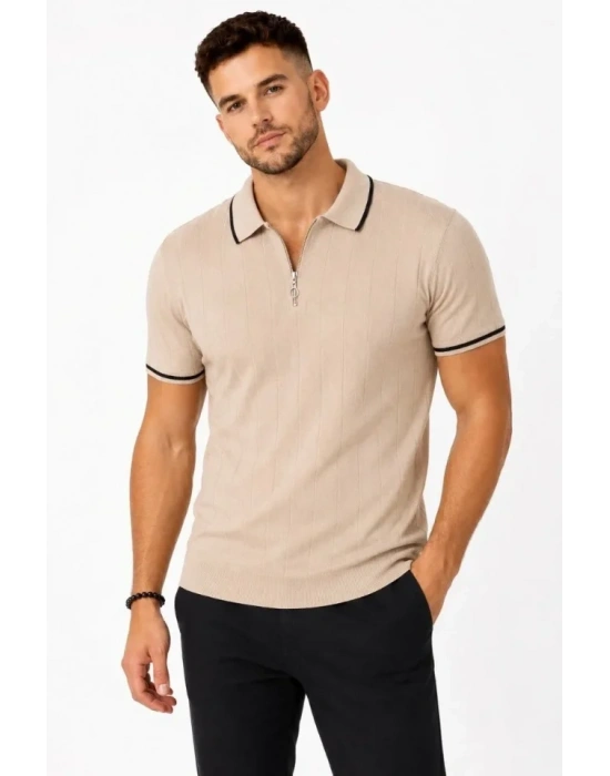 Erkek Fitilli Triko Tshirt Polo Yaka Yarım Fermuarlı Kısa Kollu Tişört  Bej