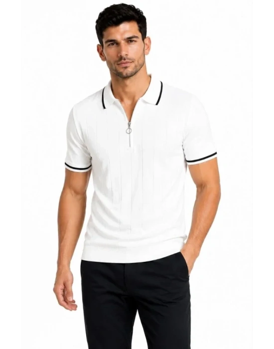 Erkek Fitilli Triko Tshirt Polo Yaka Yarım Fermuarlı Kısa Kollu Tişört  Beyaz