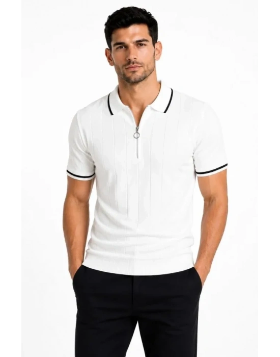 Erkek Fitilli Triko Tshirt Polo Yaka Yarım Fermuarlı Kısa Kollu Tişört  Beyaz