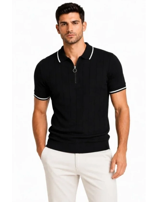 Erkek Fitilli Triko Tshirt Polo Yaka Yarım Fermuarlı Kısa Kollu Tişört  iyah