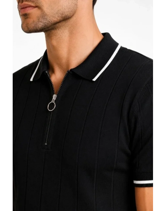 Erkek Fitilli Triko Tshirt Polo Yaka Yarım Fermuarlı Kısa Kollu Tişört  iyah