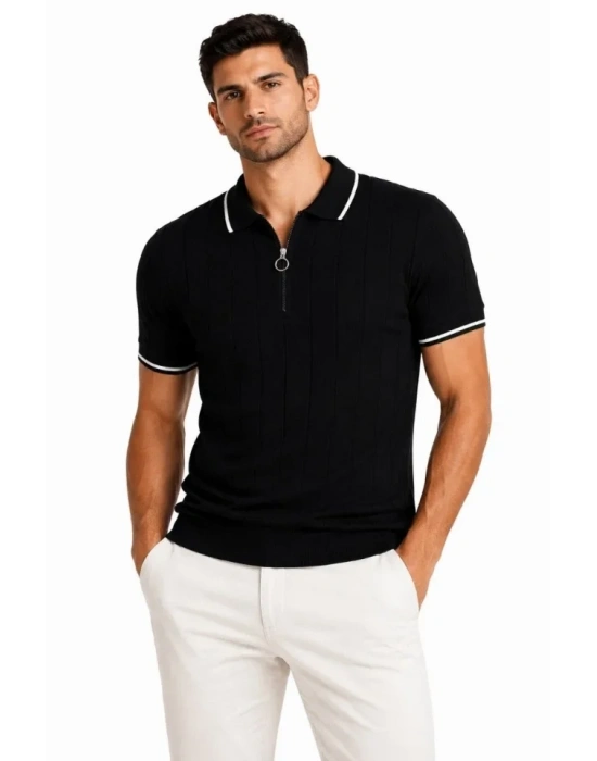 Erkek Fitilli Triko Tshirt Polo Yaka Yarım Fermuarlı Kısa Kollu Tişört  iyah