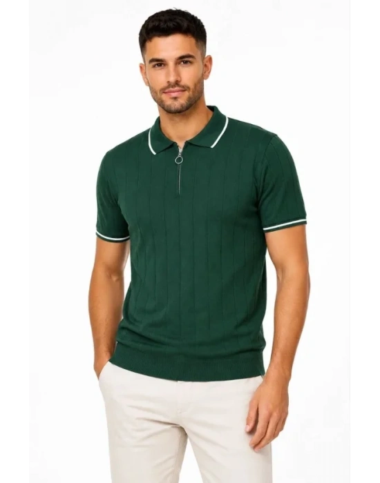 Erkek Fitilli Triko Tshirt Polo Yaka Yarım Fermuarlı Kısa Kollu Tişört  Yeşil