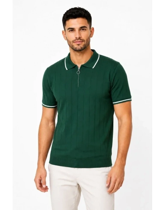 Erkek Fitilli Triko Tshirt Polo Yaka Yarım Fermuarlı Kısa Kollu Tişört  Yeşil