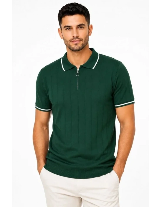 Erkek Fitilli Triko Tshirt Polo Yaka Yarım Fermuarlı Kısa Kollu Tişört  Yeşil