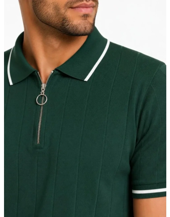 Erkek Fitilli Triko Tshirt Polo Yaka Yarım Fermuarlı Kısa Kollu Tişört  Yeşil