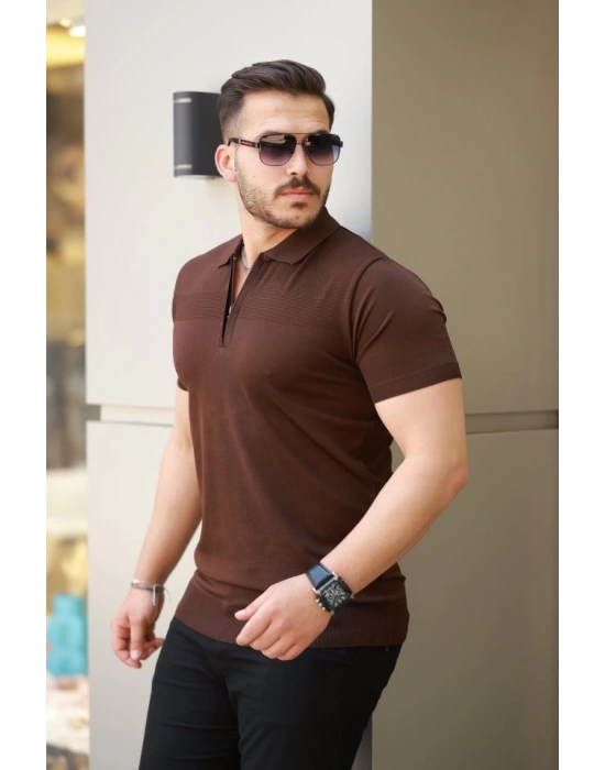 Erkek Göğüs Pirinç Desenli Fermuar Yakalı Kısa Kollu Tişört