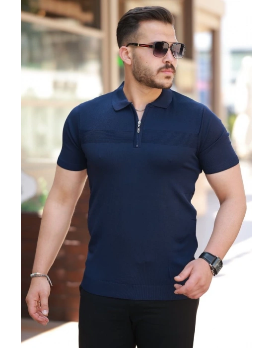 Erkek Göğüs Pirinç Desenli Fermuar Yakalı Kısa Kollu Tişört