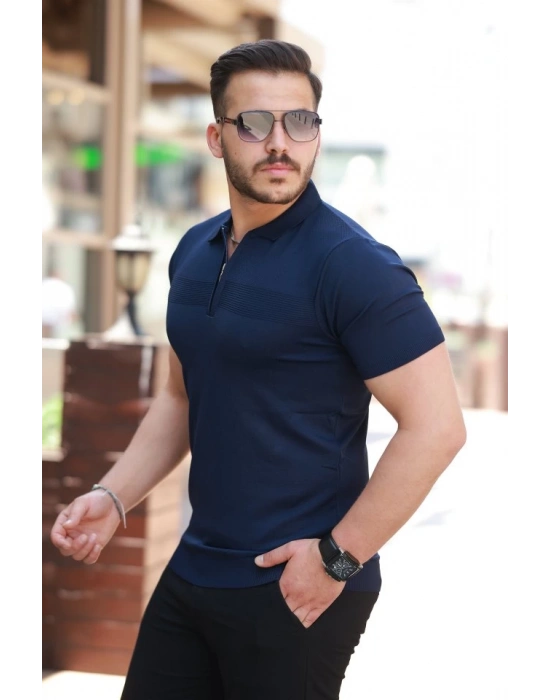 Erkek Göğüs Pirinç Desenli Fermuar Yakalı Kısa Kollu Tişört