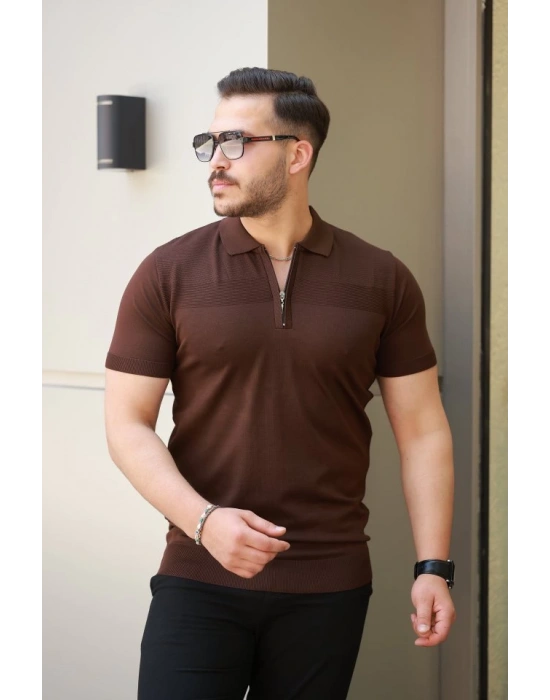 Erkek Göğüs Pirinç Desenli Fermuar Yakalı Kısa Kollu Tişört