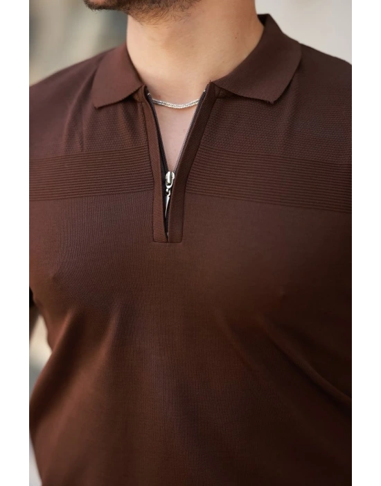 Erkek Göğüs Pirinç Desenli Fermuar Yakalı Kısa Kollu Tişört