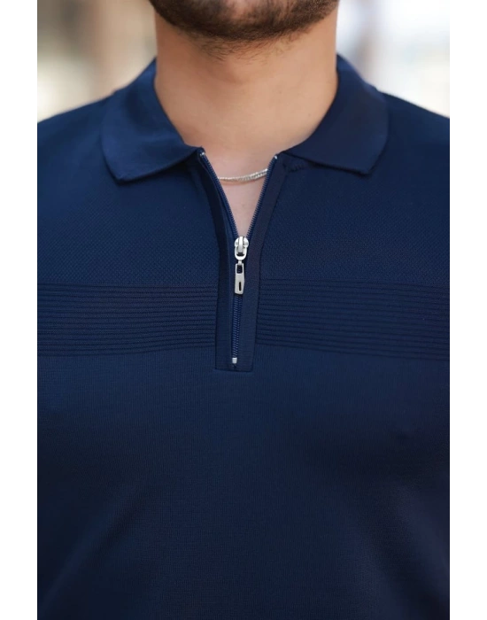 Erkek Göğüs Pirinç Desenli Fermuar Yakalı Kısa Kollu Tişört