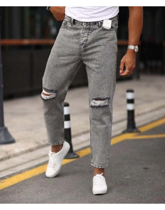 Erkek Gri Yıkama Yırtık Detaylı Boyfriend Jean