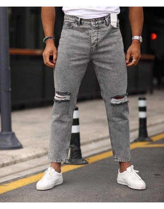 Erkek Gri Yıkama Yırtık Detaylı Boyfriend Jean