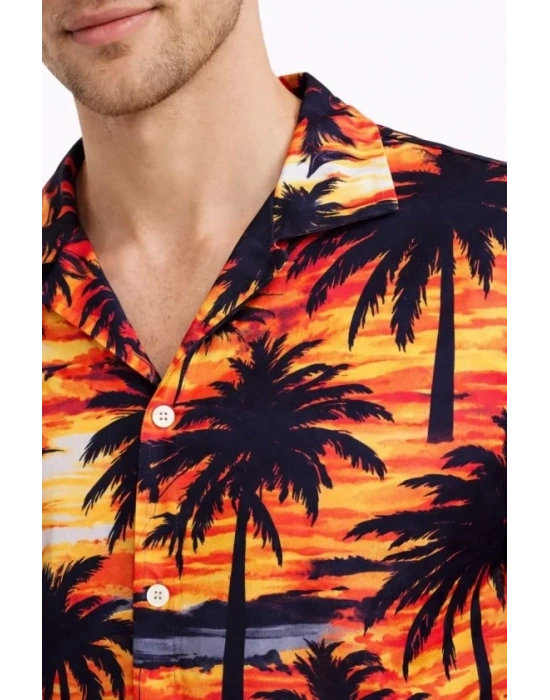 Erkek Gün Batımı Palmiye Desenli Kısa Kol Gömlek Hawaii Tarz Yazlık Rahat Kalıp  Desenli