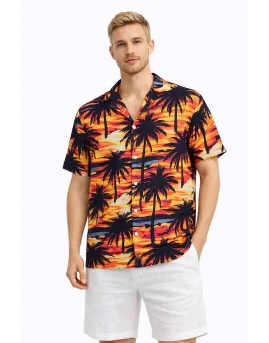 Erkek Gün Batımı Palmiye Desenli Kısa Kol Gömlek Hawaii Tarz Yazlık Rahat Kalıp  Desenli
