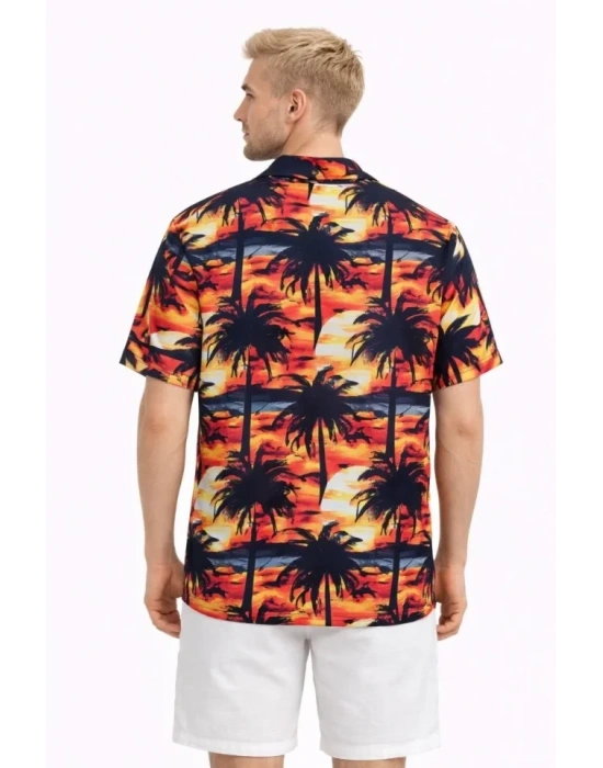 Erkek Gün Batımı Palmiye Desenli Kısa Kol Gömlek Hawaii Tarz Yazlık Rahat Kalıp  Desenli