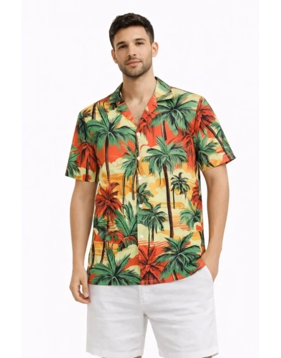 Erkek Hawaii Tarz Tropikal Palmiye Desenli Kısa Kol Gömlek Rahat Kalıp Yazlık  Desenli
