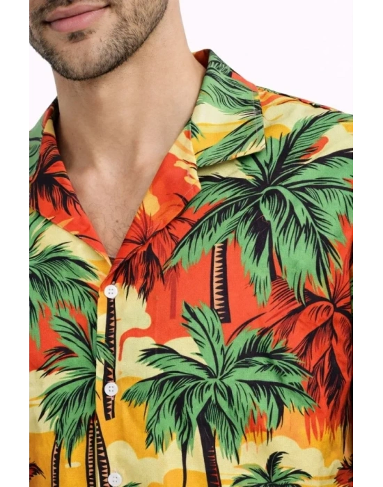 Erkek Hawaii Tarz Tropikal Palmiye Desenli Kısa Kol Gömlek Rahat Kalıp Yazlık  Desenli