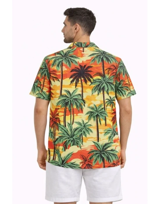 Erkek Hawaii Tarz Tropikal Palmiye Desenli Kısa Kol Gömlek Rahat Kalıp Yazlık  Desenli