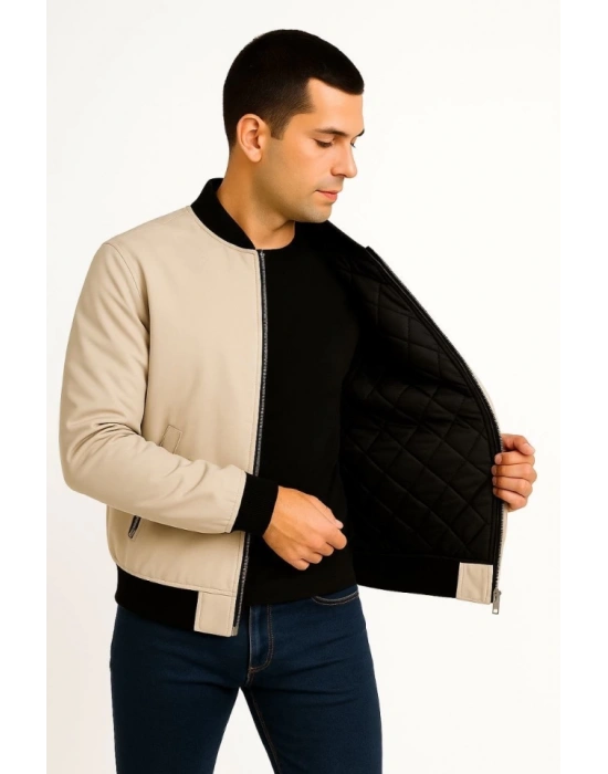 Erkek Içi Astarlı Fermuarlı Bomber ont Ceket  Bej