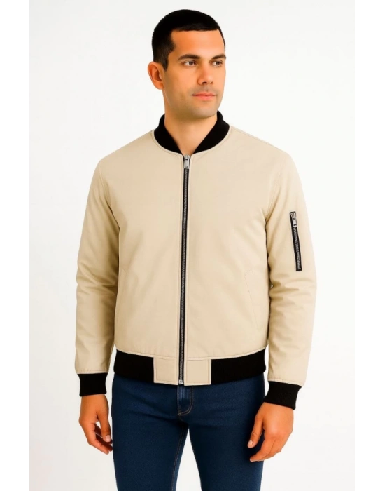 Erkek Içi Astarlı Fermuarlı Bomber ont Ceket  Bej