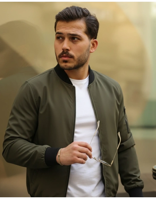 Erkek Içi Astarlı Fermuarlı Bomber Mont Ceket  Haki