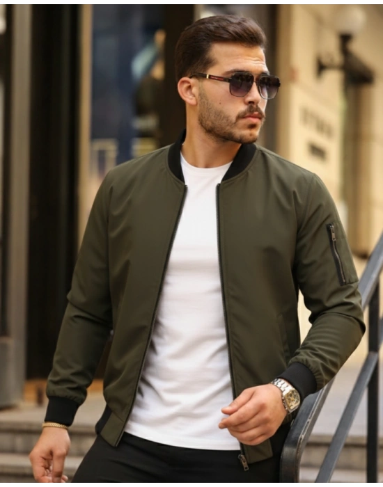 Erkek Içi Astarlı Fermuarlı Bomber Mont Ceket  Haki