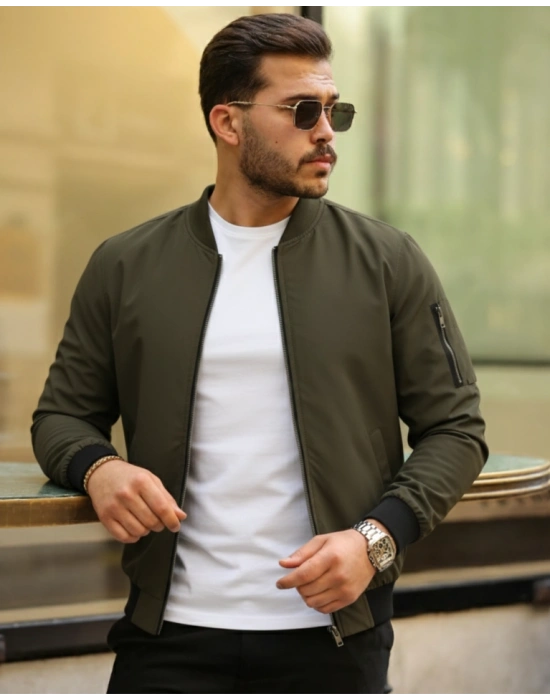 Erkek Içi Astarlı Fermuarlı Bomber Mont Ceket  Haki