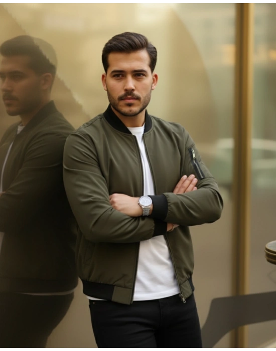 Erkek Içi Astarlı Fermuarlı Bomber Mont Ceket  Haki