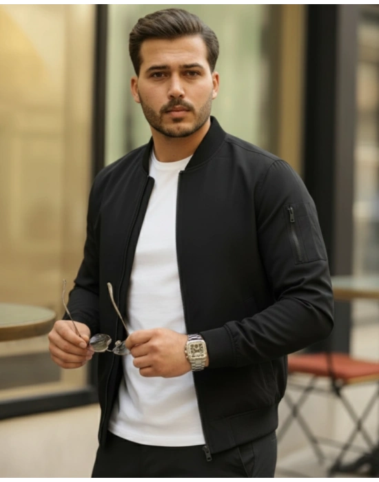 Erkek Içi Astarlı Fermuarlı Bomber evsimlik Ceket  iyah