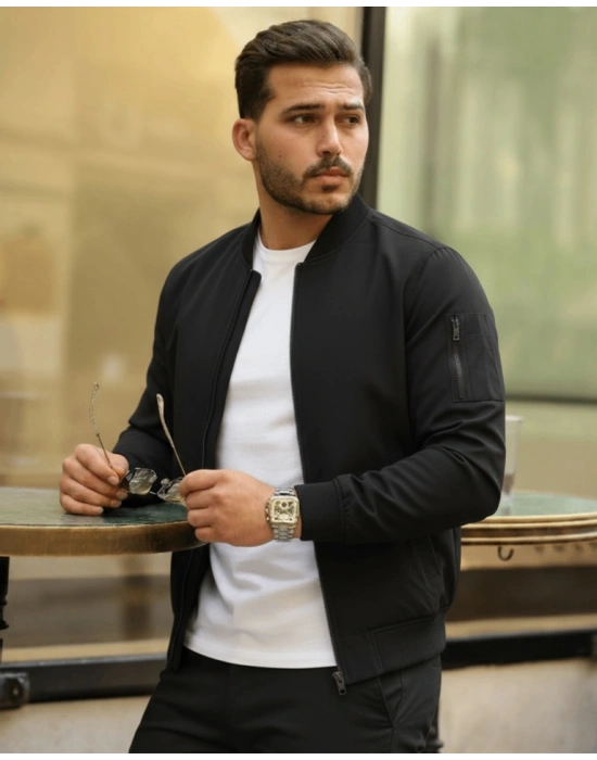 Erkek Içi Astarlı Fermuarlı Bomber evsimlik Ceket  iyah