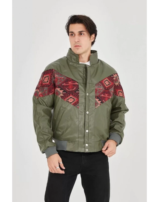 Erkek İçi Astarlı İçten Yaka Kısmı Peluşlu uni Kumaş Vintage Ceket  Haki