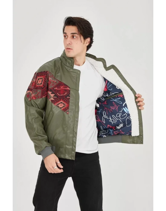 Erkek İçi Astarlı İçten Yaka Kısmı Peluşlu uni Kumaş Vintage Ceket  Haki