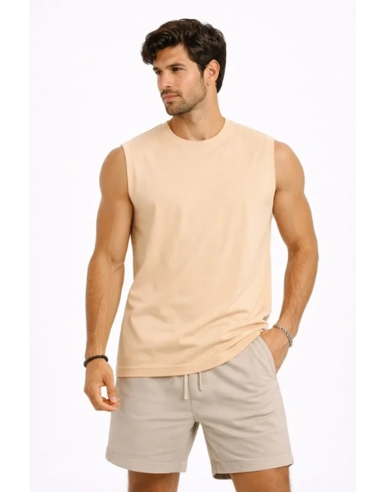 Erkek ıfır Kolsuz Atlet Bisiklet Yaka Oversize Basic por Üst, Günlük Ve Fitness Kullanımına Uygun  Bej