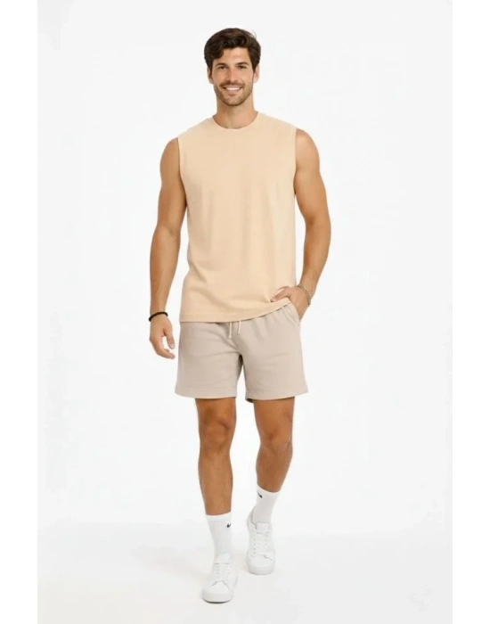 Erkek ıfır Kolsuz Atlet Bisiklet Yaka Oversize Basic por Üst, Günlük Ve Fitness Kullanımına Uygun  Bej