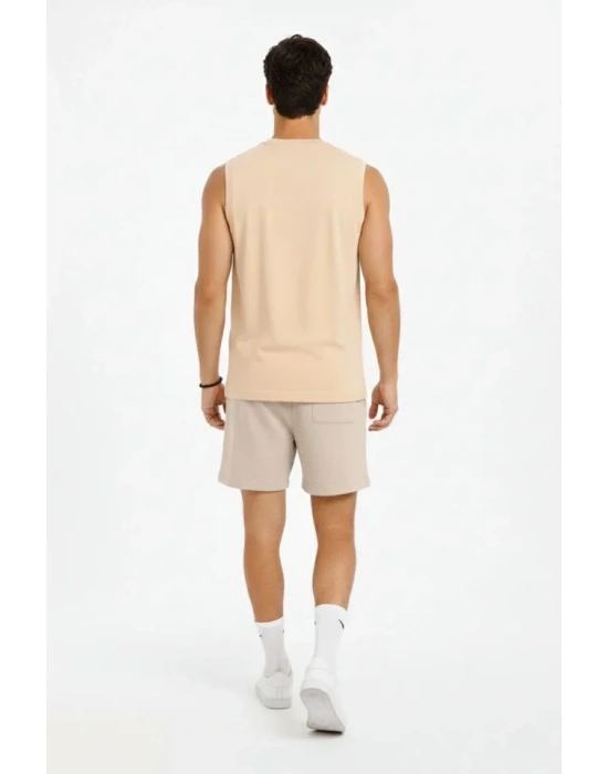 Erkek ıfır Kolsuz Atlet Bisiklet Yaka Oversize Basic por Üst, Günlük Ve Fitness Kullanımına Uygun  Bej