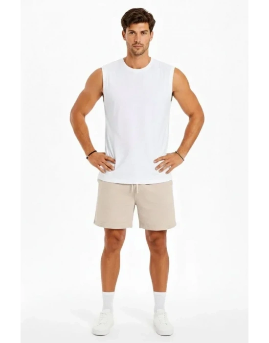 Erkek ıfır Kolsuz Atlet Bisiklet Yaka Oversize Basic por Üst, Günlük Ve Fitness Kullanımına Uygun  Beyaz