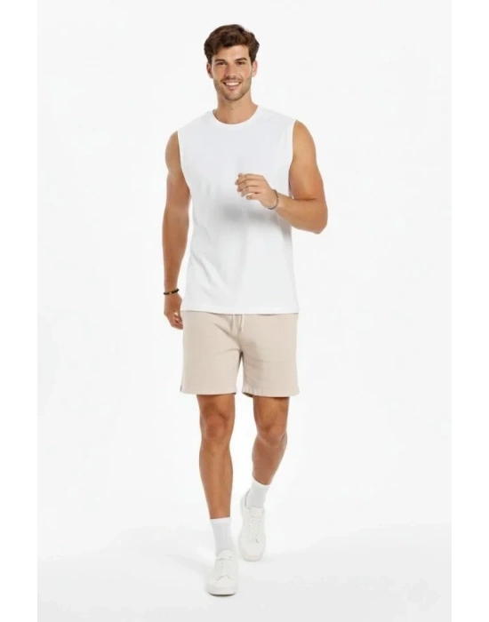 Erkek ıfır Kolsuz Atlet Bisiklet Yaka Oversize Basic por Üst, Günlük Ve Fitness Kullanımına Uygun  Beyaz