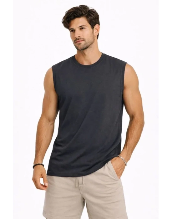 Erkek ıfır Kolsuz Atlet Bisiklet Yaka Oversize Basic por Üst, Günlük Ve Fitness Kullanımına Uygun  Füme