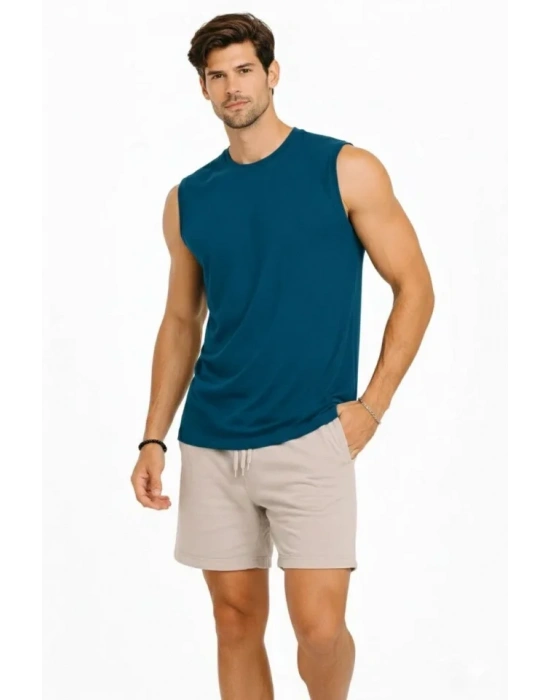 Erkek ıfır Kolsuz Atlet Bisiklet Yaka Oversize Basic por Üst, Günlük Ve Fitness Kullanımına Uygun  İndigo