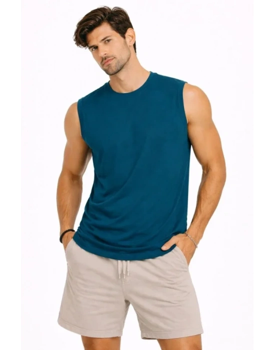 Erkek ıfır Kolsuz Atlet Bisiklet Yaka Oversize Basic por Üst, Günlük Ve Fitness Kullanımına Uygun  İndigo