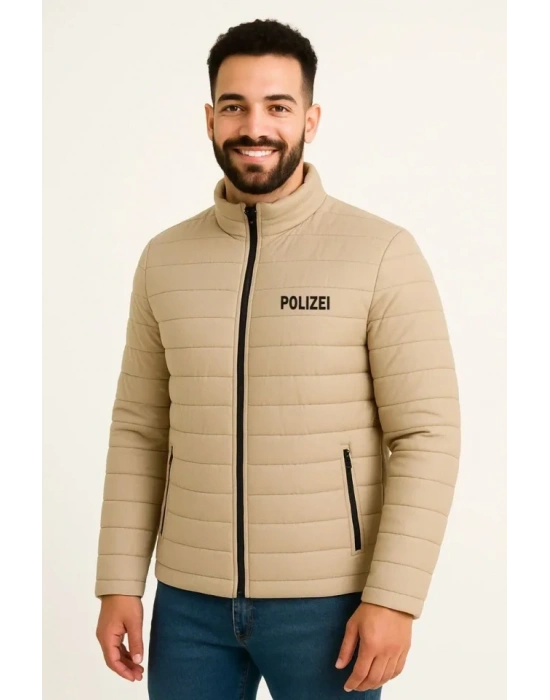 Erkek ikro u İtici Kapitone Baskılı Astarlı Fermuarlı Bomber ont  Bej